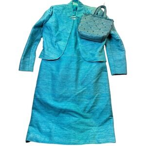 Vintage 60s Aqua Blue Dress Suit Jacket Set w/ Beaded Handbag classic retro teal